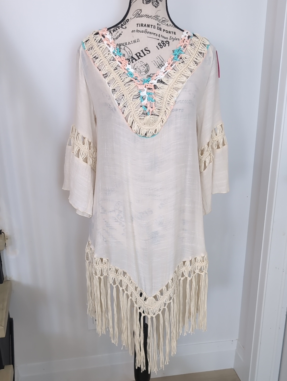 NVLT | Women's Beige Boho Crochet Fringe V-Neck Pom Pom Swimsuit Coverup